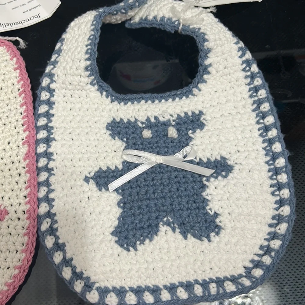 Handmade fraternal twins matching baby Bear bibs Crochet knitted boy and girl